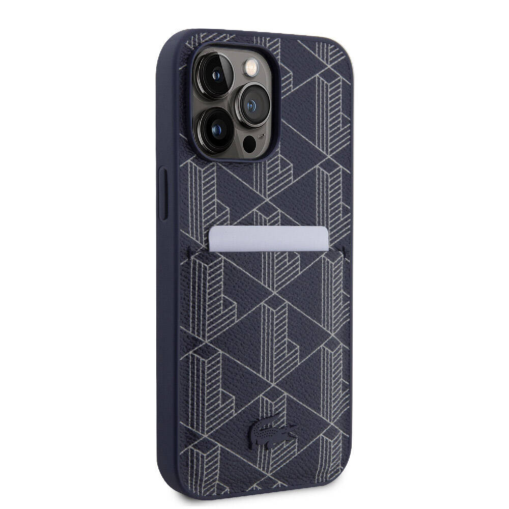 Apple iPhone 15 Pro Max Kılıf Lacoste Orjinal Lisanslı M-safe Şarj Özellikli PU Deri Görünümlü Kartlıklı Karışık Monogram Desenli Kapak Siyah