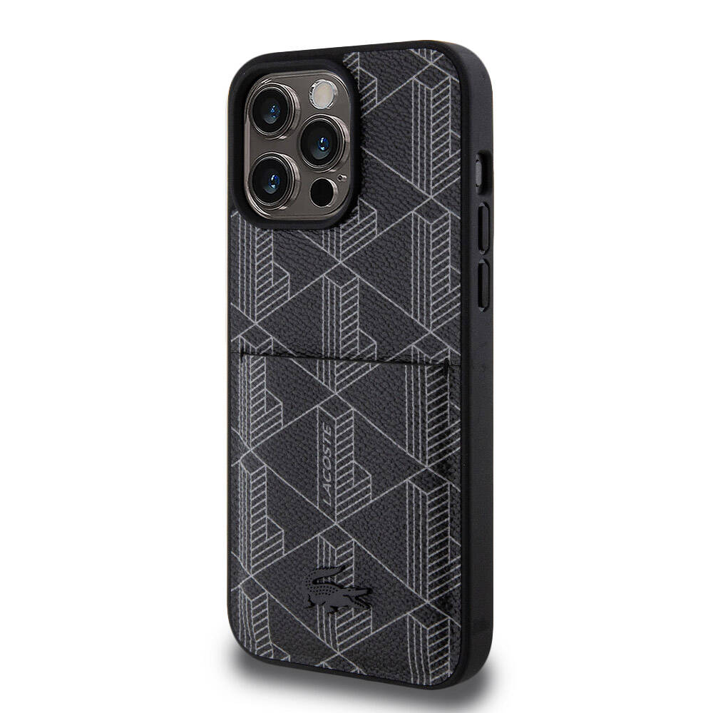 Apple iPhone 15 Pro Max Kılıf Lacoste Orjinal Lisanslı M-safe Şarj Özellikli PU Deri Görünümlü Kartlıklı Karışık Monogram Desenli Kapak Siyah