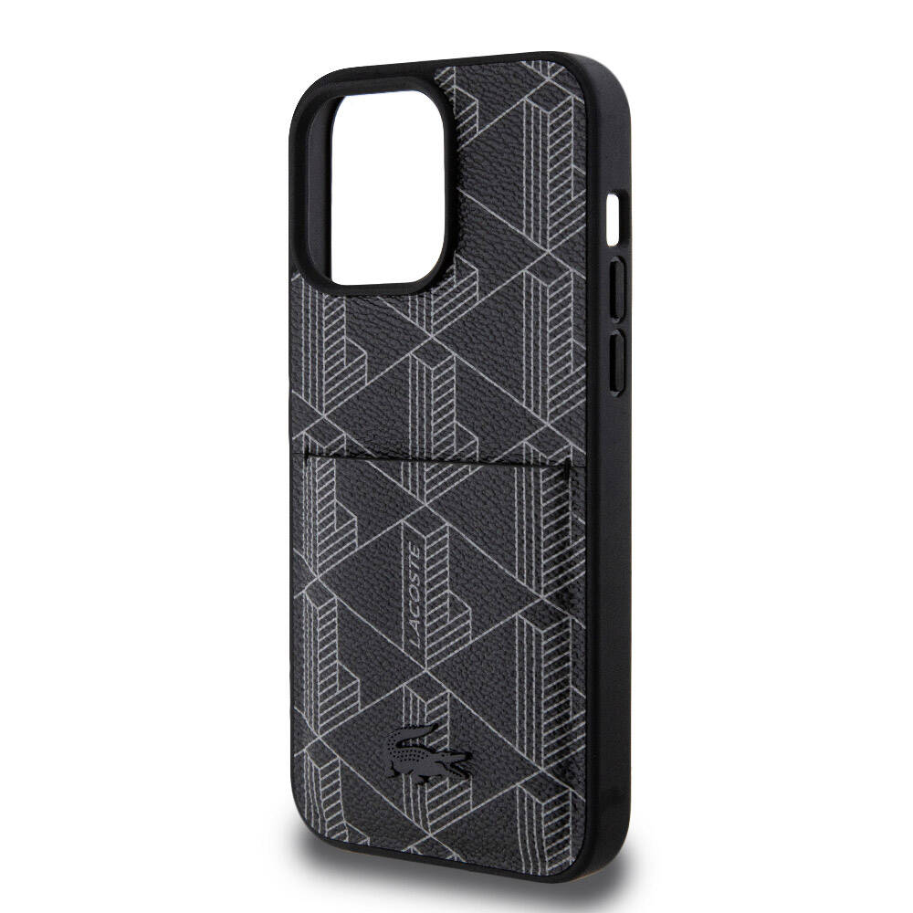 Apple iPhone 15 Pro Max Kılıf Lacoste Orjinal Lisanslı M-safe Şarj Özellikli PU Deri Görünümlü Kartlıklı Karışık Monogram Desenli Kapak Siyah