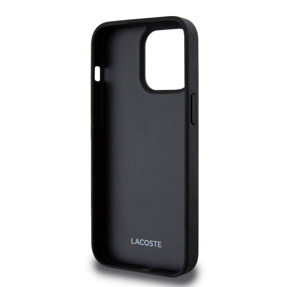 Apple iPhone 15 Pro Max Kılıf Lacoste Orjinal Lisanslı M-safe Şarj Özellikli PU Deri Görünümlü Kartlıklı Karışık Monogram Desenli Kapak Siyah