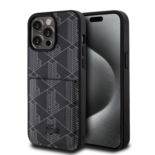 Apple iPhone 15 Pro Max Kılıf Lacoste Orjinal Lisanslı M-safe Şarj Özellikli PU Deri Görünümlü Kartlıklı Karışık Monogram Desenli Kapak Siyah