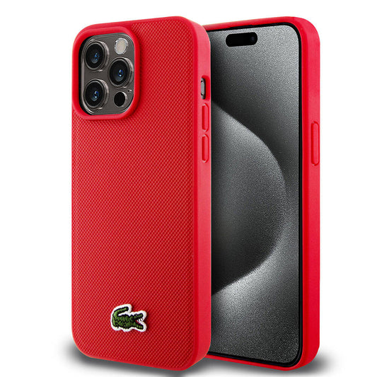 Apple iPhone 15 Pro Max Kılıf Lacoste Orjinal Lisanslı PU Pike Desenli Arka Yüzey İkonik Timsah Dokuma Logolu Kapak Kırmızı