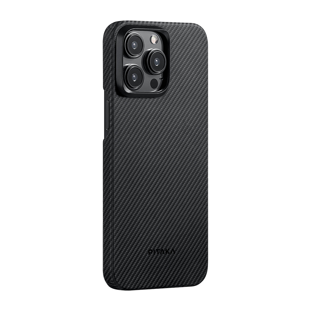 Apple iPhone 15 Pro Max Kılıf M-safe Şarj Özellikli 600D Aramid Fiber Pitaka Ultra-Slim Classic Serisi Black-Grey Twill Kapak