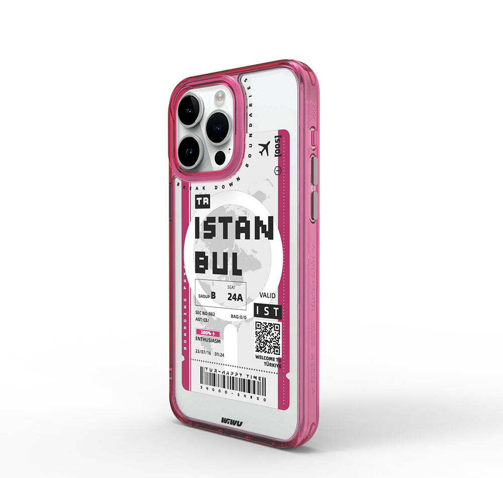 Apple iPhone 15 Pro Max Kılıf M-safe Şarj Özellikli Bilet Desenli Wiwu Turkey B Serisi Kapak Pembe