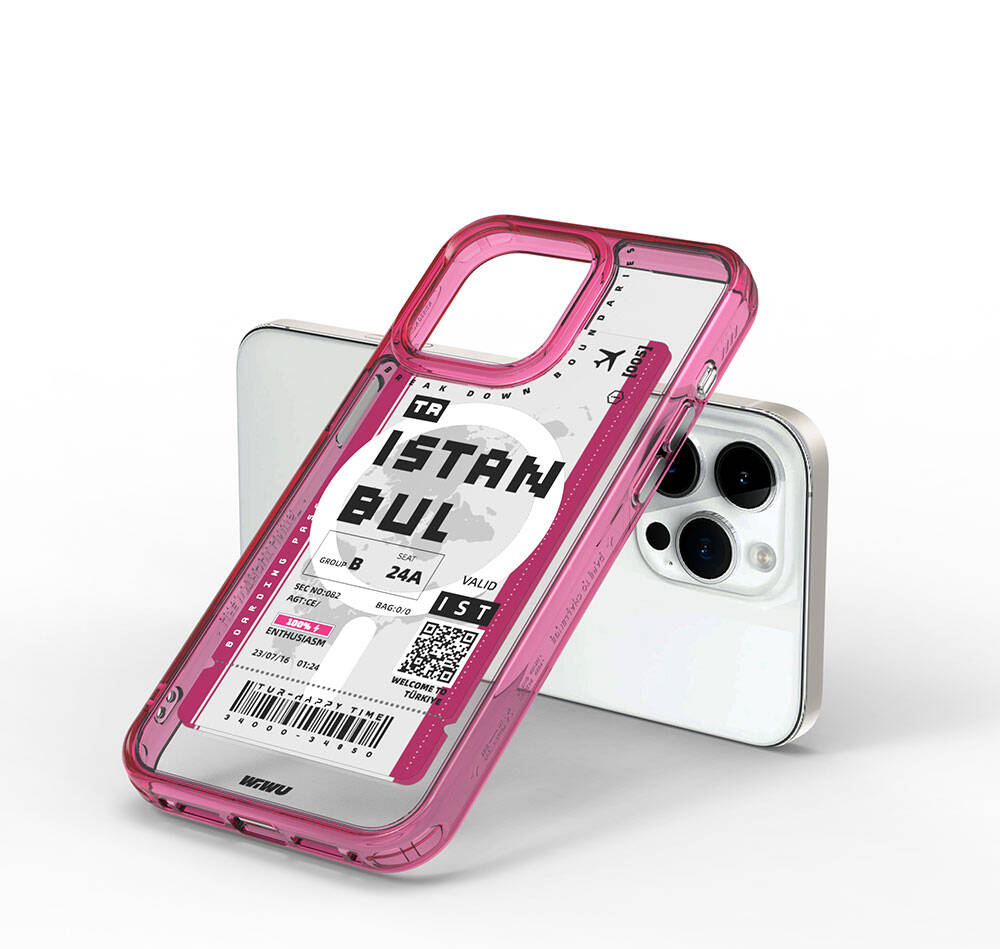 Apple iPhone 15 Pro Max Kılıf M-safe Şarj Özellikli Bilet Desenli Wiwu Turkey B Serisi Kapak Pembe