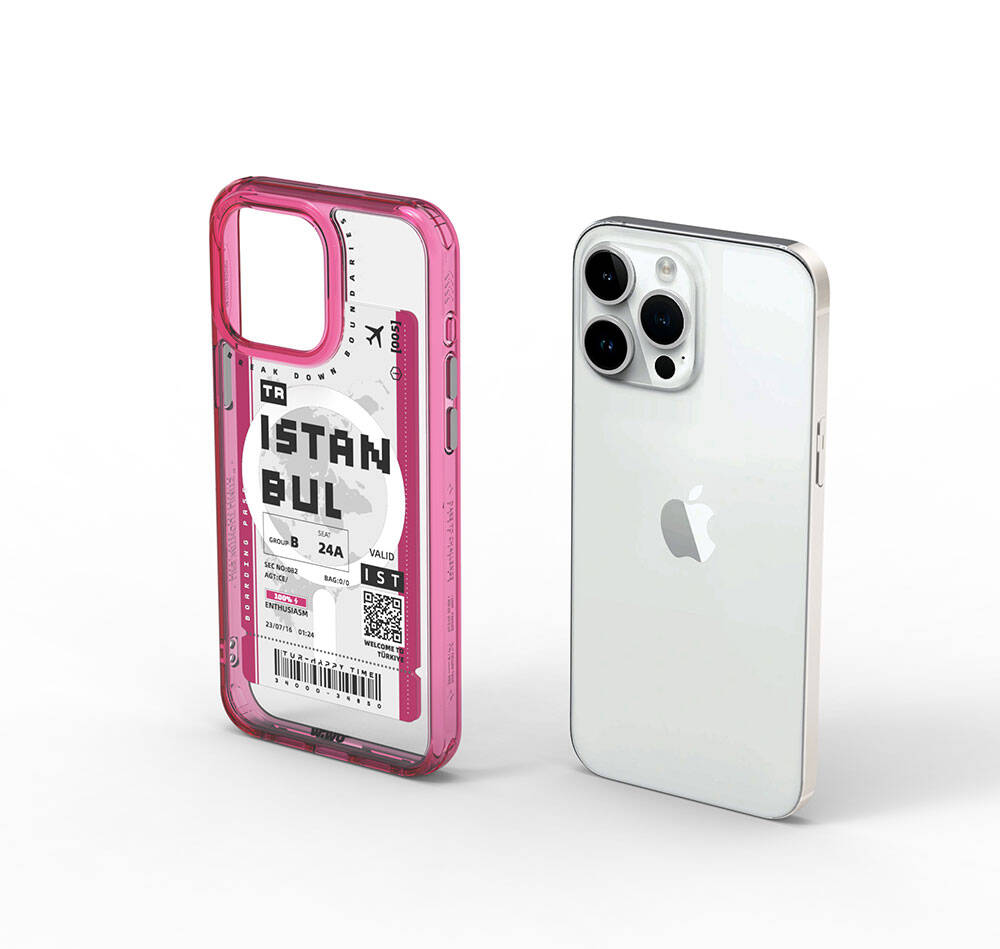 Apple iPhone 15 Pro Max Kılıf M-safe Şarj Özellikli Bilet Desenli Wiwu Turkey B Serisi Kapak Pembe