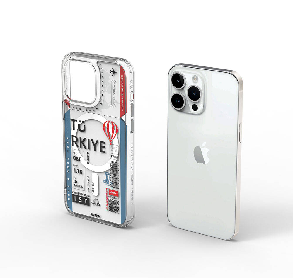 Apple iPhone 15 Pro Max Kılıf M-safe Şarj Özellikli Bilet Desenli Wiwu Turkey B Serisi Kapak Pembe