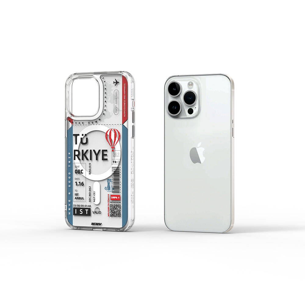 Apple iPhone 15 Pro Max Kılıf M-safe Şarj Özellikli Bilet Desenli Wiwu Turkey B Serisi Kapak Pembe