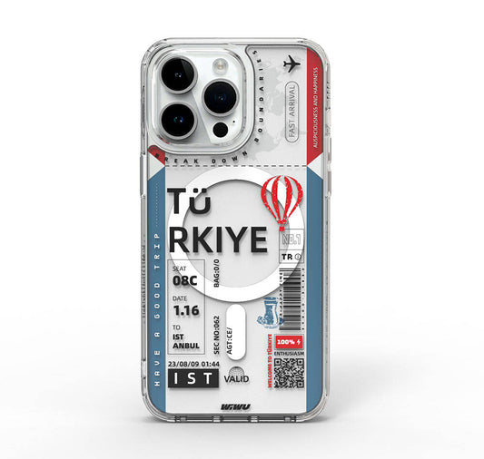 Apple iPhone 15 Pro Max Kılıf M-safe Şarj Özellikli Bilet Desenli Wiwu Turkey B Serisi Kapak Mavi