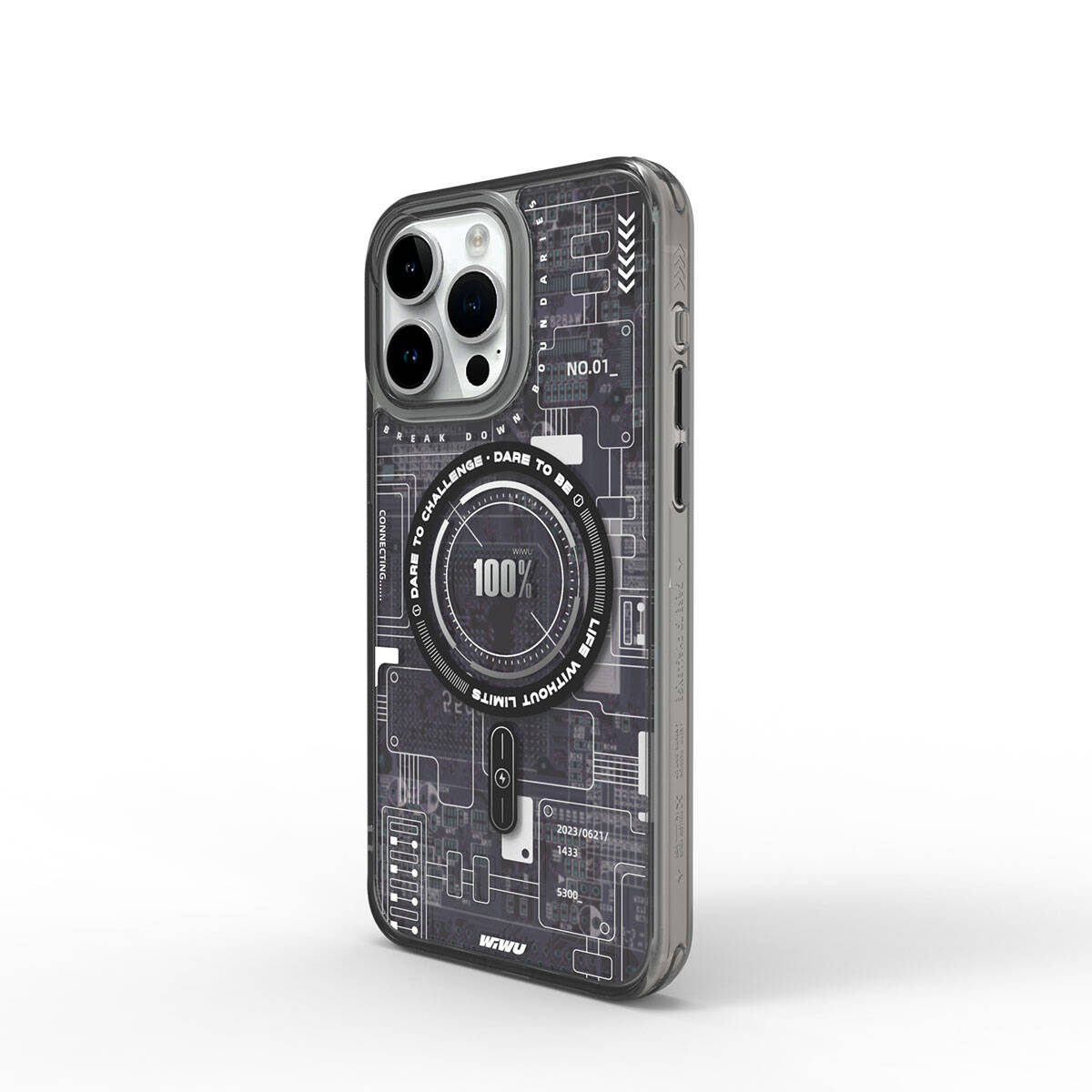 Apple iPhone 15 Pro Max Kılıf M-safe Şarj Özellikli Desenli Wiwu Mecha Circuit H Serisi Kapak Gri