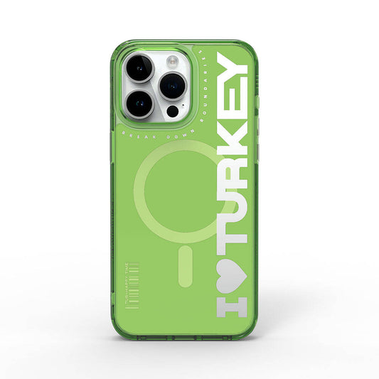 Apple iPhone 15 Pro Max Kılıf M-safe Şarj Özellikli I Love Turkey Yazı Desenli Wiwu Turkey E Serisi Kapak Yeşil