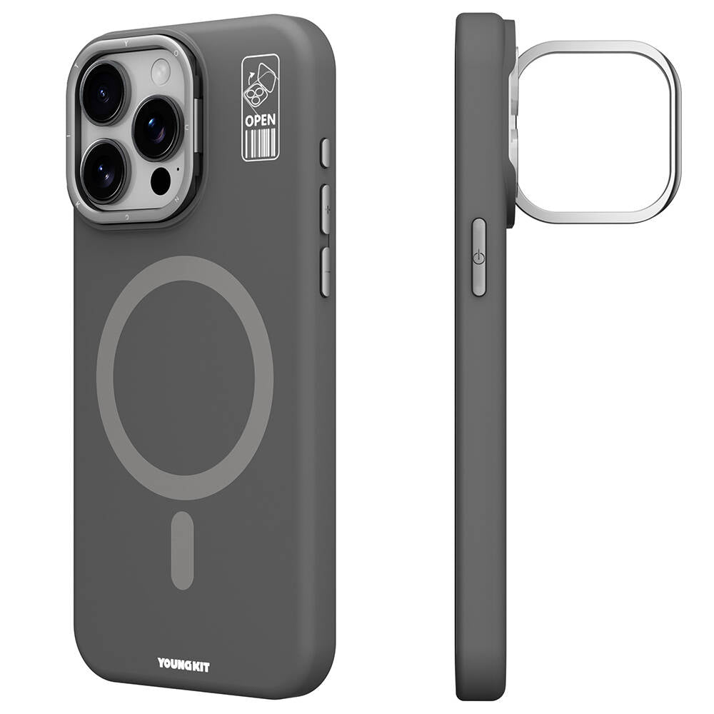 Apple iPhone 15 Pro Max Kılıf M-safe Şarj Özellikli Kamera Standlı Youngkit Bitty Cream Kapak Gri