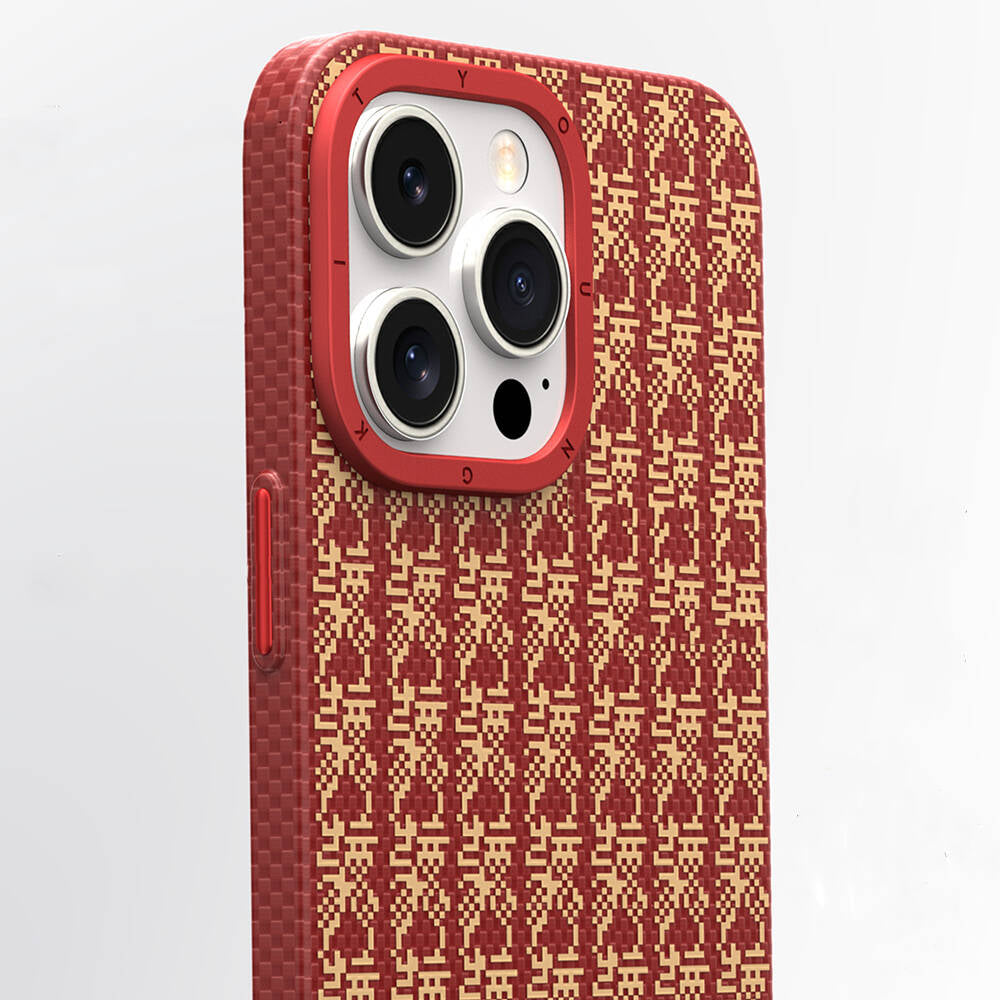 Apple iPhone 15 Pro Max Kılıf M-safe Şarj Özellikli Kevlar 1500D Youngkit Auspicious Loong Serisi Kapak Kırmızı