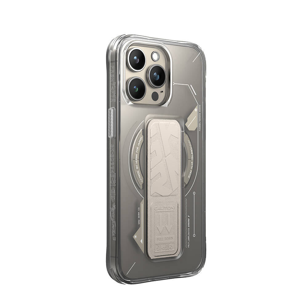 Apple iPhone 15 Pro Max Kılıf M-safe Şarj Özellikli Teknoloji Desenli Standlı Skinarma Helio Kapak Gri