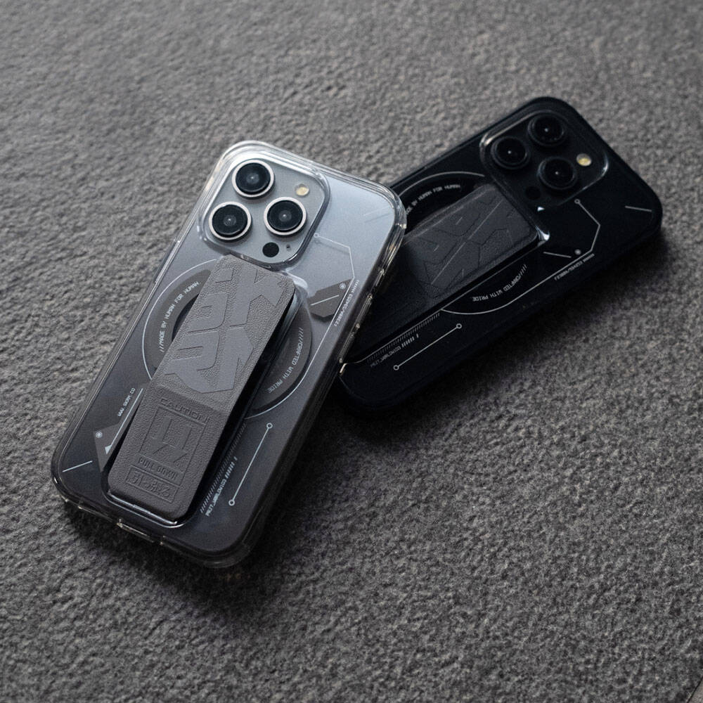 Apple iPhone 15 Pro Max Kılıf M-safe Şarj Özellikli Teknoloji Desenli Standlı Skinarma Helio Kapak Gri