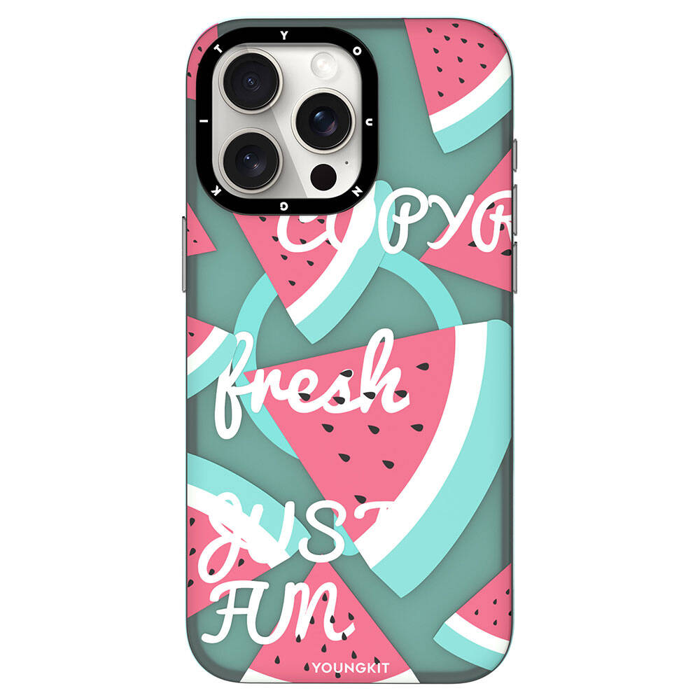 Apple iPhone 15 Pro Max Kılıf M-safe Şarj Özellikli Yaz Meyvesi Desenli Youngkit Fruity Flavour Serisi Kapak Yeşil