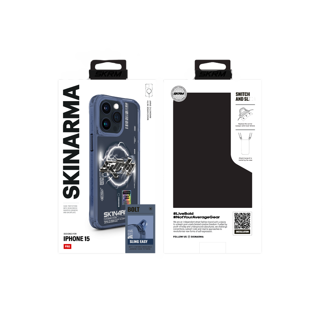 Apple iPhone 15 Pro Max Kılıf M-safe Şarj Özellikli Yazı Desenli SkinArma Bolt Kapak Mavi