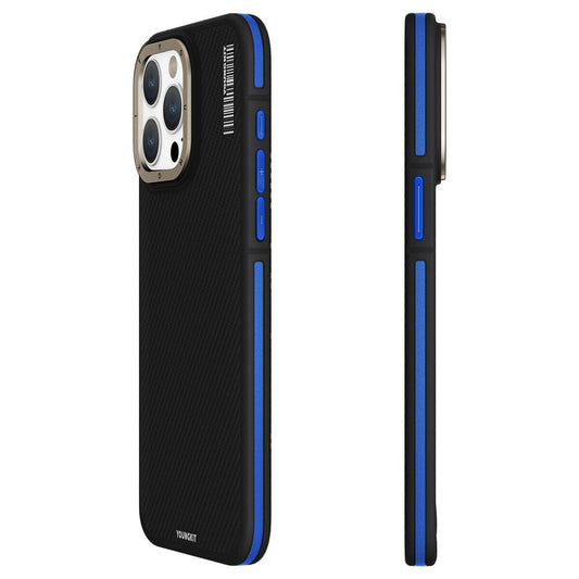 Apple iPhone 15 Pro Max Kılıf M-safe Şarj Özellikli YoungKit 600D Kevlar Kapak Mavi