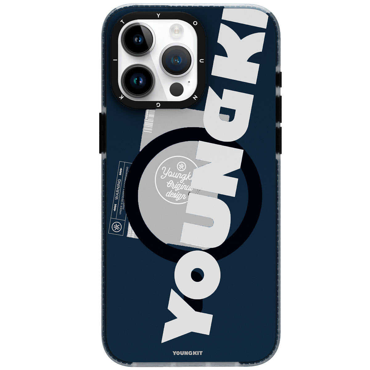 Apple iPhone 15 Pro Max Kılıf M-safe Şarj Özellikli Youngkit Binfen Serisi Yazı Temalı Kapak Mavi