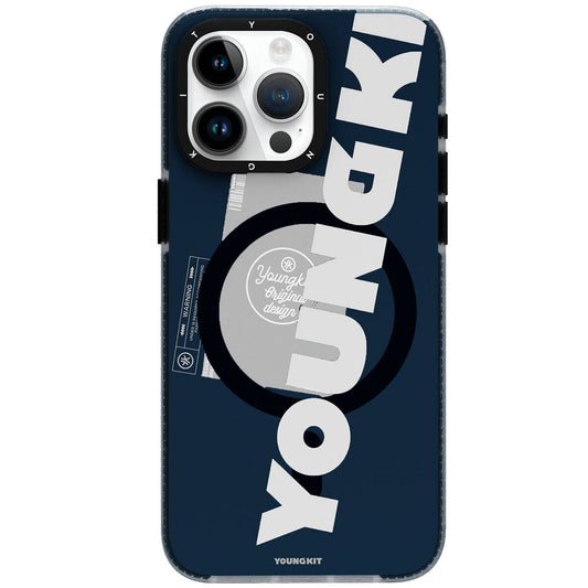 Apple iPhone 15 Pro Max Kılıf M-safe Şarj Özellikli Youngkit Binfen Serisi Yazı Temalı Kapak Mavi