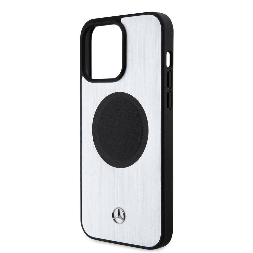 Apple iPhone 15 Pro Max Kılıf Mercedes Benz Orjinal Lisanslı M-safe Şarj Özellikli Alüminyum Arka Yüzey Metal Yıldız Logolu Kapak Gümüş