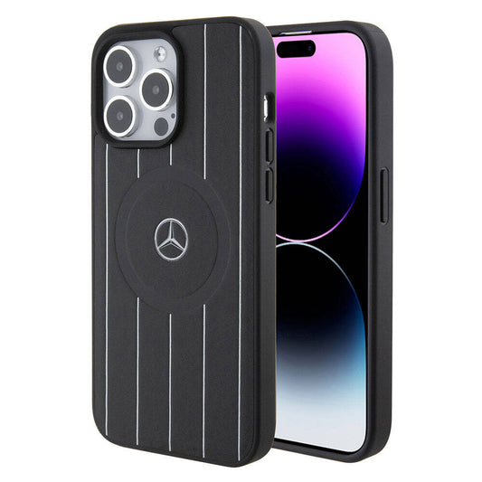 Apple iPhone 15 Pro Max Kılıf Mercedes Benz Orjinal Lisanslı M-safe Şarj Özellikli Baskı Logolu Paralel Çizgi Desenli Deri Kapak Siyah