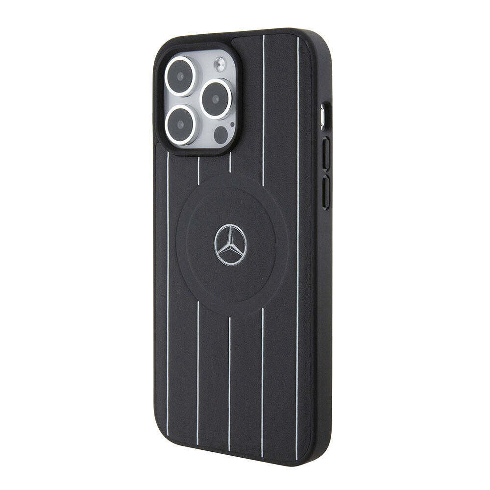 Apple iPhone 15 Pro Max Kılıf Mercedes Benz Orjinal Lisanslı M-safe Şarj Özellikli Baskı Logolu Paralel Çizgi Desenli Deri Kapak Siyah