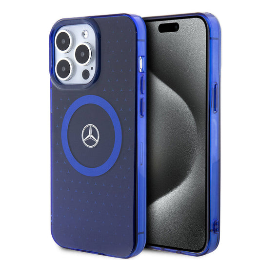 Apple iPhone 15 Pro Max Kılıf Mercedes Benz Orjinal Lisanslı M-safe Şarj Özellikli Çift Katmanlı Mavi Yıldız Desenli Kapak Mavi