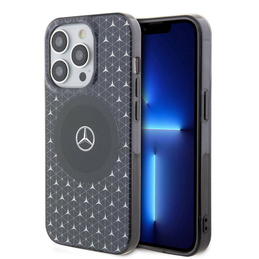Apple iPhone 15 Pro Max Kılıf Mercedes Benz Orjinal Lisanslı M-safe Şarj Özellikli Çift Katmanlı Mini Yıldız Desenli Kapak Siyah