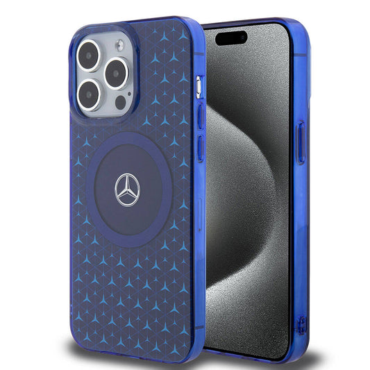 Apple iPhone 15 Pro Max Kılıf Mercedes Benz Orjinal Lisanslı M-safe Şarj Özellikli Çift Katmanlı Mini Yıldız Desenli Kapak Siyah