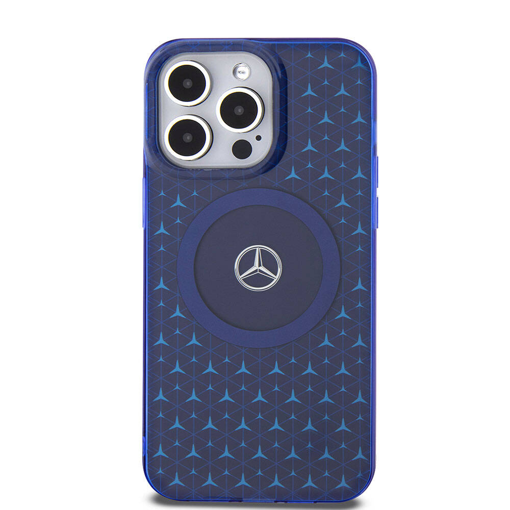 Apple iPhone 15 Pro Max Kılıf Mercedes Benz Orjinal Lisanslı M-safe Şarj Özellikli Çift Katmanlı Mini Yıldız Desenli Kapak Mavi