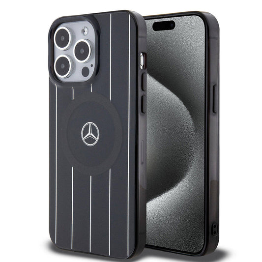 Apple iPhone 15 Pro Max Kılıf Mercedes Benz Orjinal Lisanslı M-safe Şarj Özellikli Çift Katmanlı Paralel Çizgi Desenli Kapak Beyaz