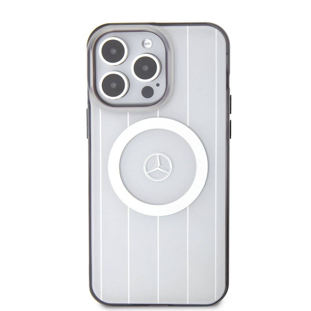 Apple iPhone 15 Pro Max Kılıf Mercedes Benz Orjinal Lisanslı M-safe Şarj Özellikli Çift Katmanlı Paralel Çizgi Desenli Kapak Beyaz