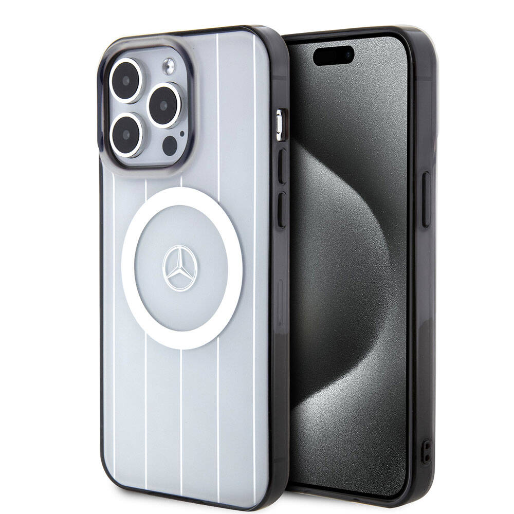 Apple iPhone 15 Pro Max Kılıf Mercedes Benz Orjinal Lisanslı M-safe Şarj Özellikli Çift Katmanlı Paralel Çizgi Desenli Kapak Beyaz