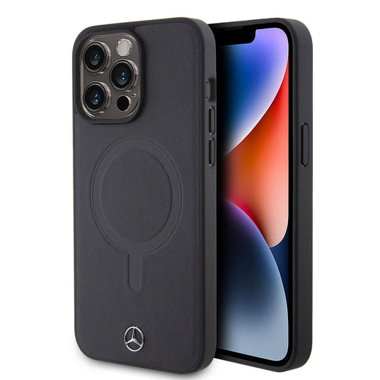 Apple iPhone 15 Pro Max Kılıf Mercedes Benz Orjinal Lisanslı M-safe Şarj Özellikli Metal Yıldız Logolu Pürüzsüz Deri Kapak Siyah