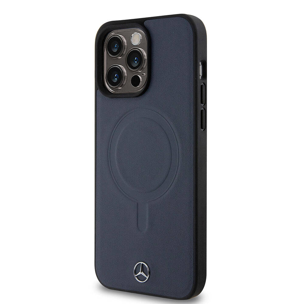 Apple iPhone 15 Pro Max Kılıf Mercedes Benz Orjinal Lisanslı M-safe Şarj Özellikli Metal Yıldız Logolu Pürüzsüz Deri Kapak Lacivert