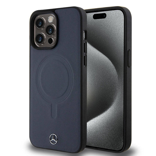 Apple iPhone 15 Pro Max Kılıf Mercedes Benz Orjinal Lisanslı M-safe Şarj Özellikli Metal Yıldız Logolu Pürüzsüz Deri Kapak Lacivert