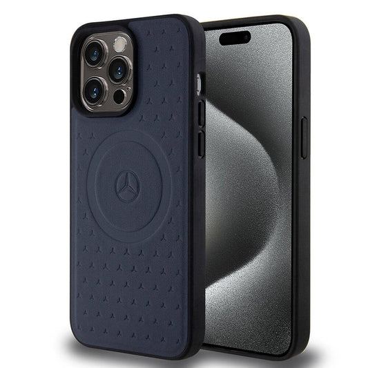 Apple iPhone 15 Pro Max Kılıf Mercedes Benz Orjinal Lisanslı M-safe Şarj Özellikli Mühürlü Yıldız Desenli ve Logolu Deri Kapak Siyah