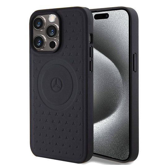 Apple iPhone 15 Pro Max Kılıf Mercedes Benz Orjinal Lisanslı M-safe Şarj Özellikli Mühürlü Yıldız Desenli ve Logolu Deri Kapak Siyah