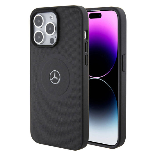 Apple iPhone 15 Pro Max Kılıf Mercedes Benz Orjinal Lisanslı M-safe Şarj Özellikli Pike Desenli Baskı Logolu Deri Kapak Siyah