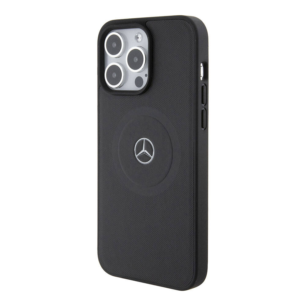 Apple iPhone 15 Pro Max Kılıf Mercedes Benz Orjinal Lisanslı M-safe Şarj Özellikli Pike Desenli Baskı Logolu Deri Kapak Siyah