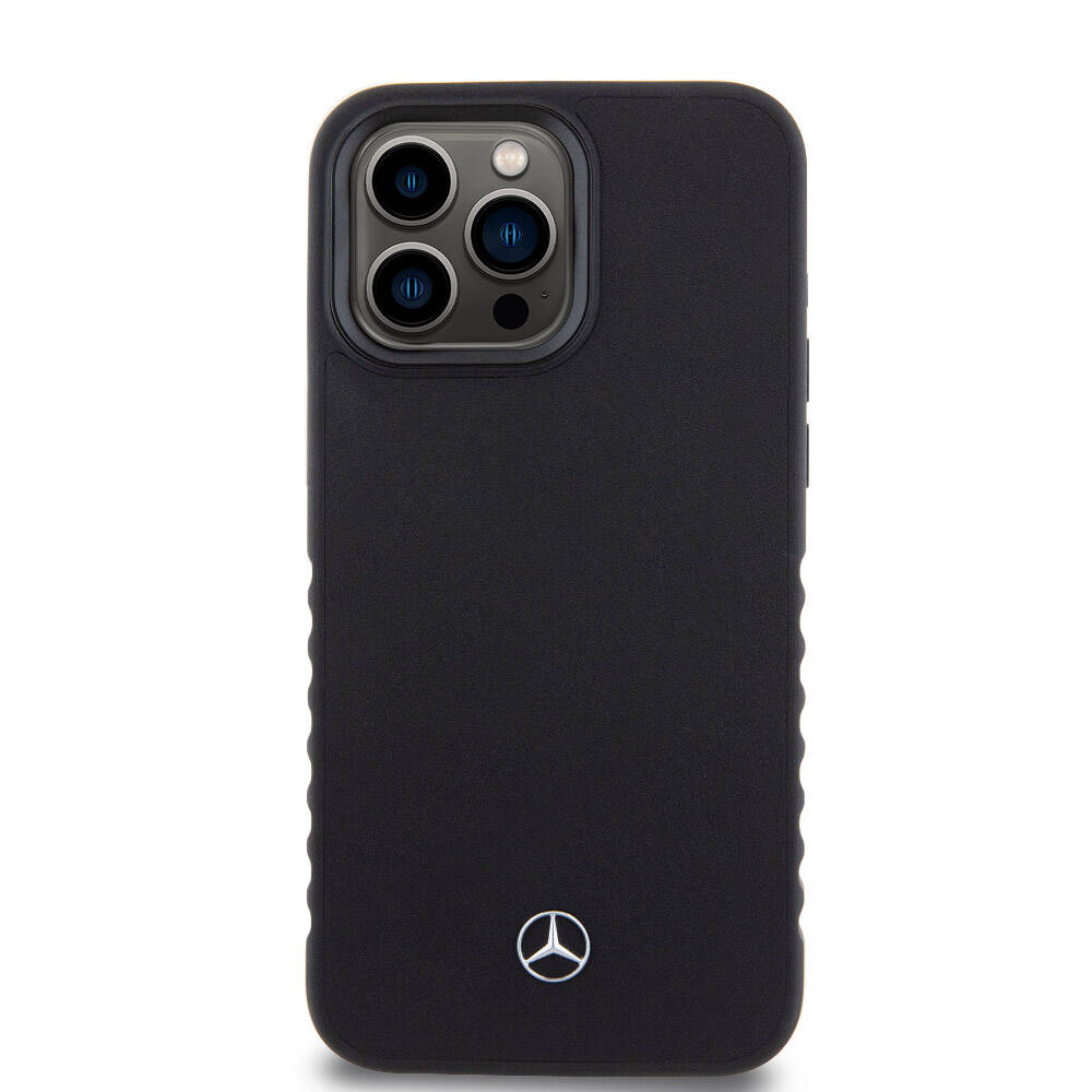 Apple iPhone 15 Pro Max Kılıf Mercedes Benz Orjinal Lisanslı Tırtıklı Kenar Tasarımlı Metal Yıldız Logolu Pürüzsüz Hakiki Deri Kapak Siyah