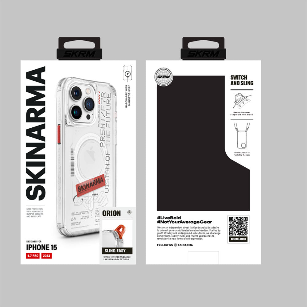Apple iPhone 15 Pro Max Kılıf SkinArma M-safe Şarj Özellikli Yazı Desenli Airbag Tasarımlı Orion Kapak Siyah