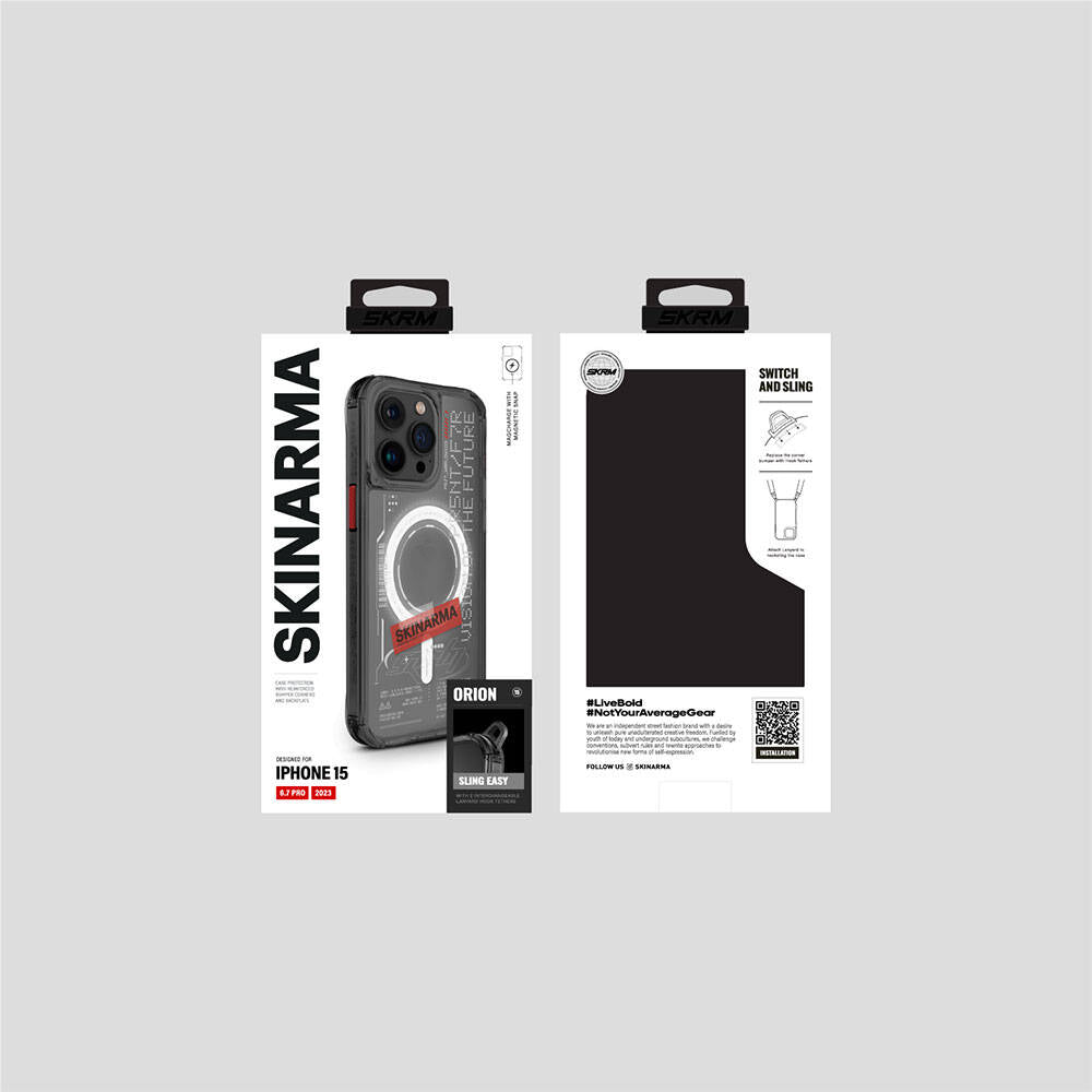 Apple iPhone 15 Pro Max Kılıf SkinArma M-safe Şarj Özellikli Yazı Desenli Airbag Tasarımlı Orion Kapak Siyah