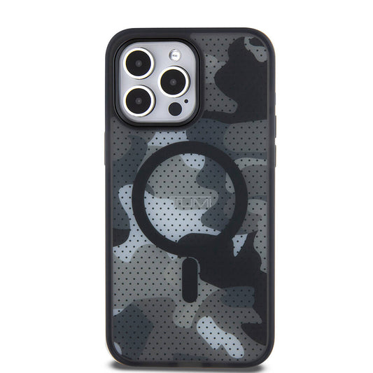 Apple iPhone 15 Pro Max Kılıf TUMI Orjinal Lisanslı M-safe Şarj Özellikli Buzlanmış Saydam Ağ Kamuflajı Desenli Kapak Siyah
