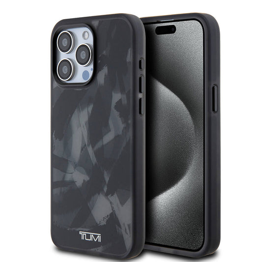 Apple iPhone 15 Pro Max Kılıf TUMI Orjinal Lisanslı M-safe Şarj Özellikli Buzlanmış Saydam Fırça Kamuflajı Desenli Kapak Siyah