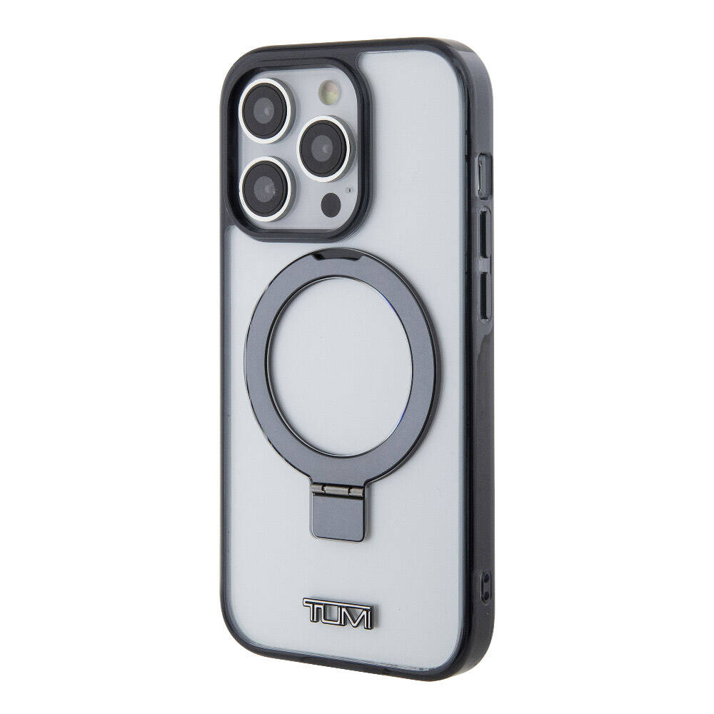 Apple iPhone 15 Pro Max Kılıf TUMI Orjinal Lisanslı M-safe Şarj Özellikli Metal Logolu Ring Standlı Silikon Kapak Beyaz