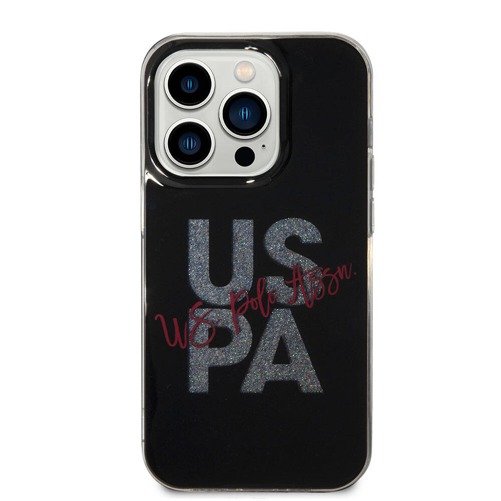 Apple iPhone 15 Pro Max Kılıf U.S. Polo Assn. Orjinal Lisanslı Simli Parlak Alfabe Tasarım Kapak Siyah