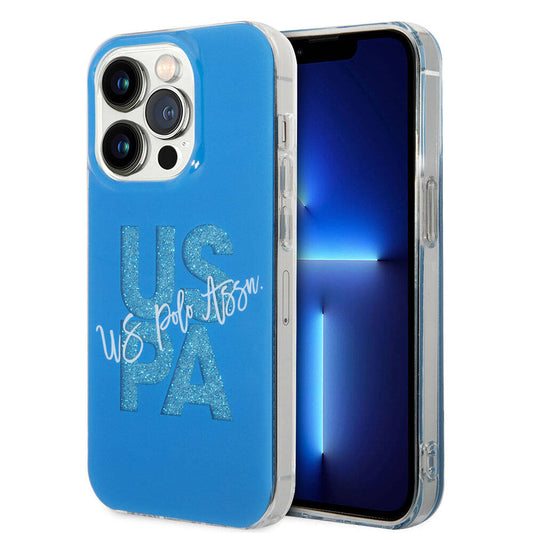 Apple iPhone 15 Pro Max Kılıf U.S. Polo Assn. Orjinal Lisanslı Simli Parlak Alfabe Tasarım Kapak Mavi
