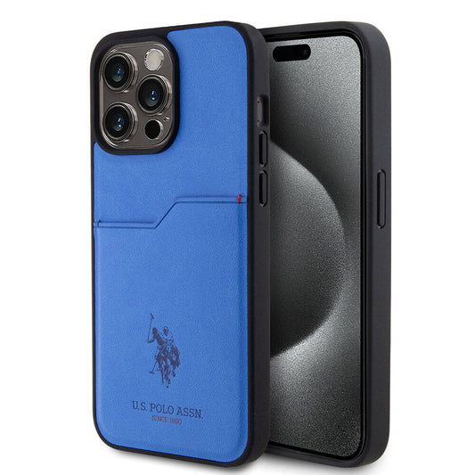 Apple iPhone 15 Pro Max Kılıf U.S. Polo Assn. Orjinal Lisanslı Baskı Logolu PU Kartlıklı Kapak Mavi